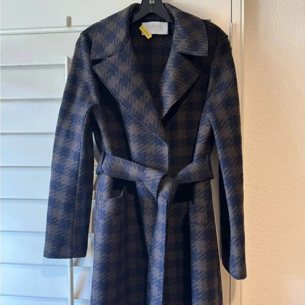 HARRIS WHARF LONDON EUC Gingham Belted Wool Maxi Coat Chocolate Brown Blue 10 44 - Picture 9 of 16
